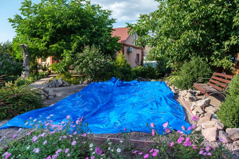 Rolled out blue HDPE plastic sheet on the ground to set up a fish pond